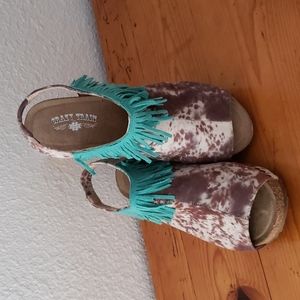 Crazy Train Cowhide Print Wedge Sandal